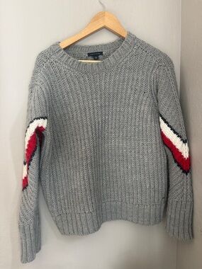 Tommy Hilfiger Grey Crewneck Sweater with Red, White & Navy Chevron Sleeves